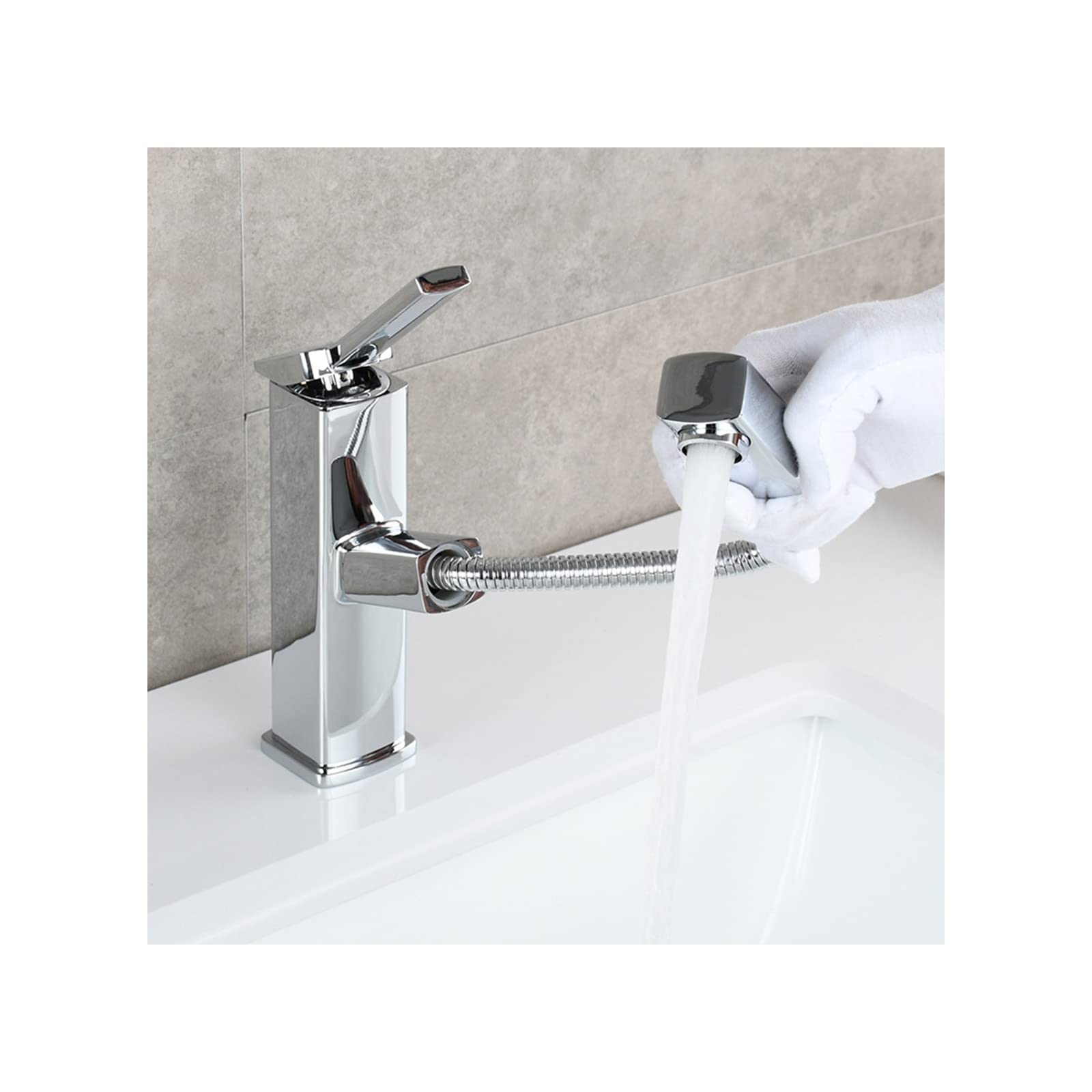 Mitigeur de lavabo extractible chrome pour eau chaude et froide de salle de bain
