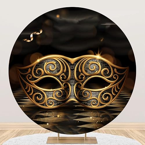 Yeele Telón de fondo redondo de Mardi Gras de 5 x 5 pies, máscara dorada brillante, para escenario de piso retro oscuro, fondo de fotografía para