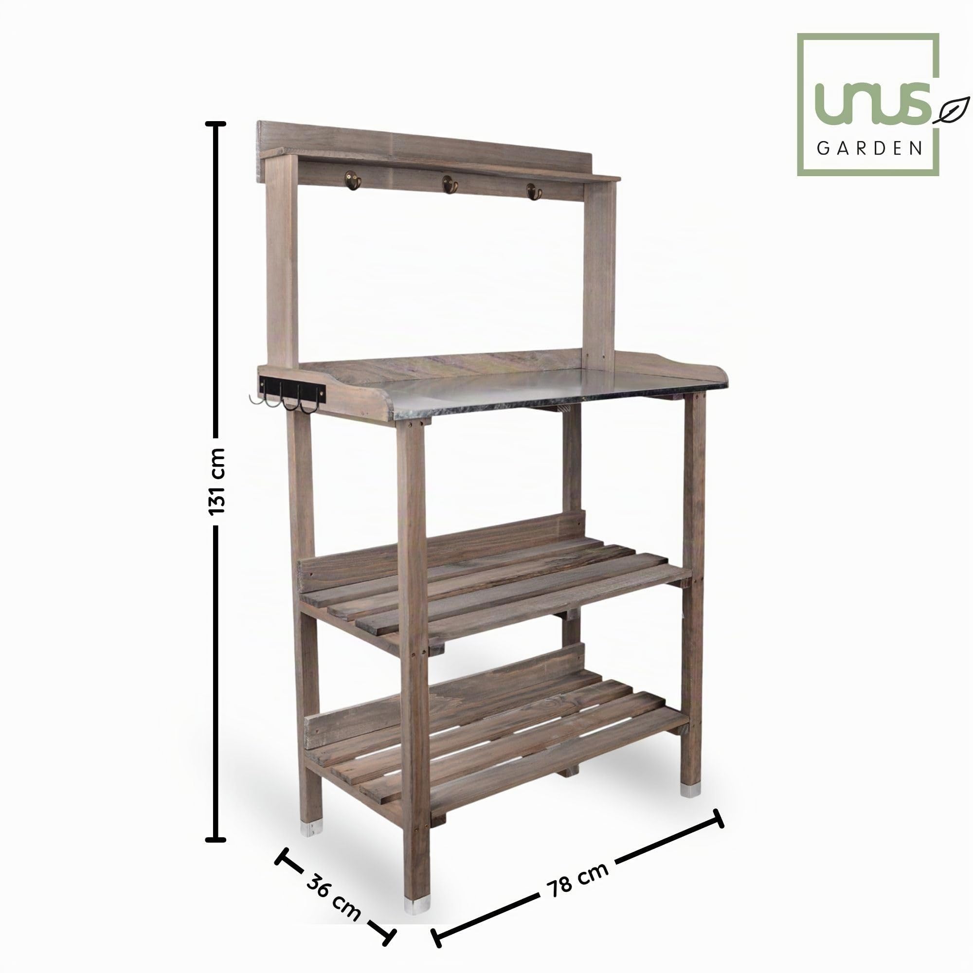 Tavolo in legno da giardinaggio, 76 x 38 x 91 cm, per giardino, terrazza, balcone, con piano zincato, 2 ripiani, resistente alle intemperie