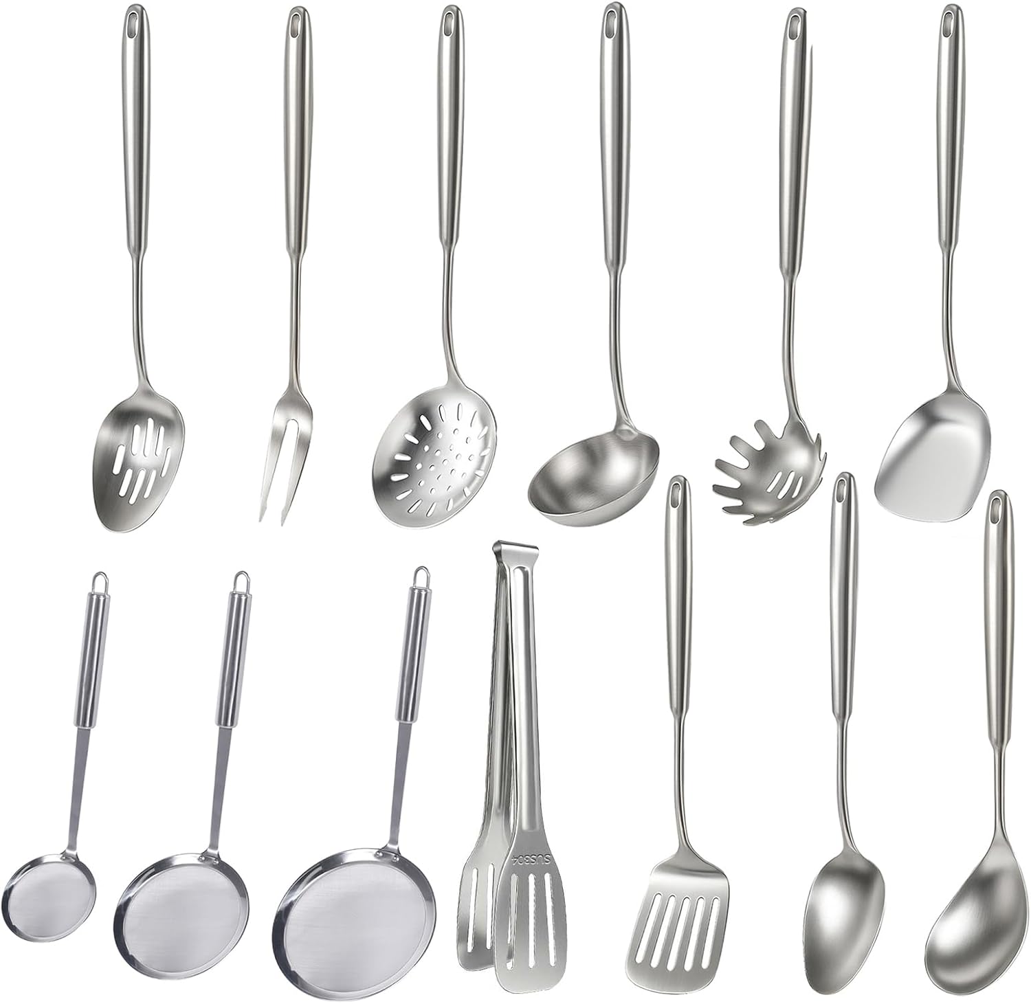 Newness 13 Pcs Cooking Utensils Set, 304 Stainless Steel Kitchen Utensils Set, Metal Kitchen Accessories, Include Soup Ladle, Slotted Skimmer Spoon, Spaghetti Spoon and Spatula, Tongs,Dishwasher Safe