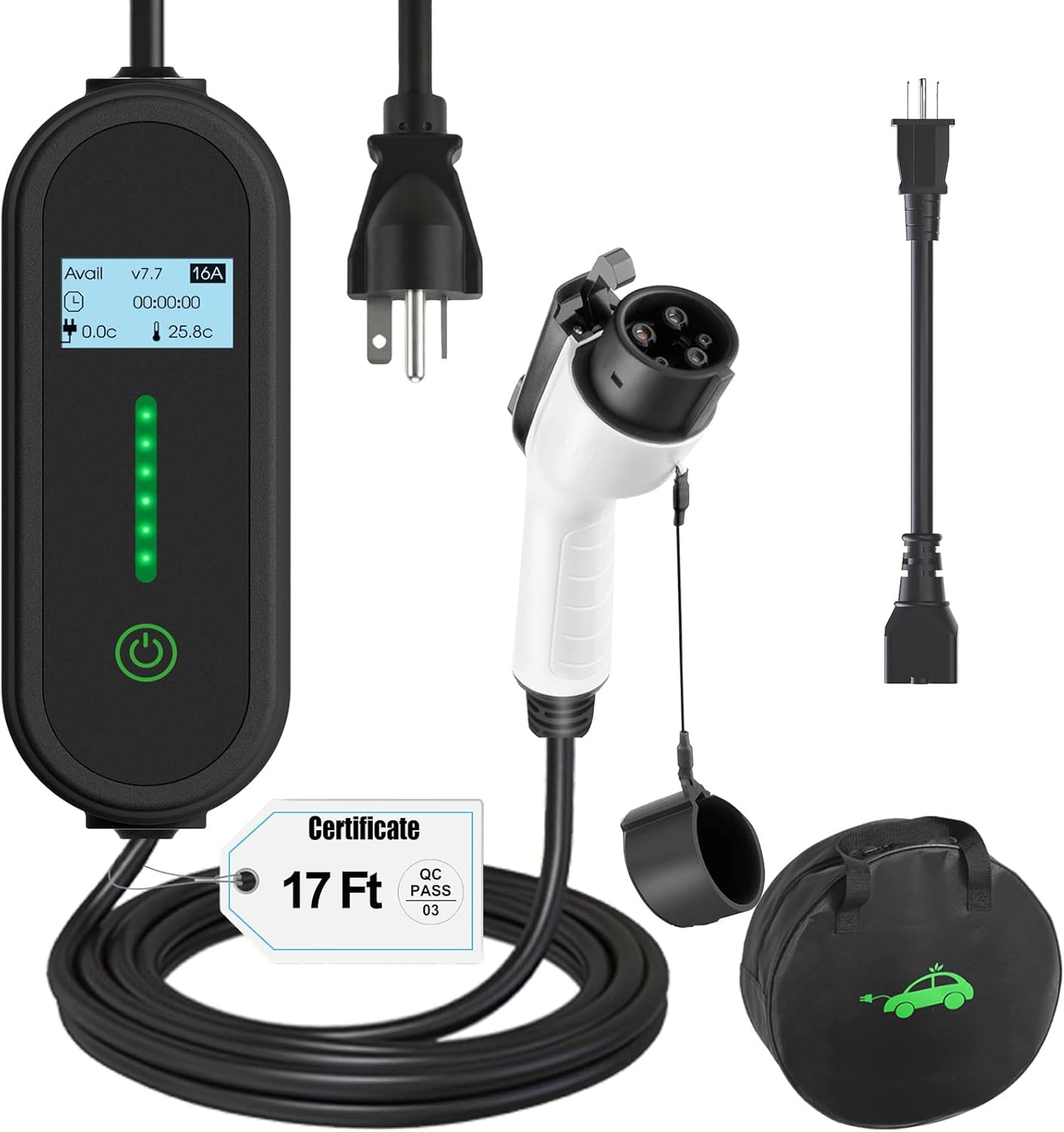 40Ft Cord EV Charger, 16Amp 110V/240V Portable Level 1 Level 2 Electric Vehicle Charging Station with NEMA 6-20 Plug & NEMA 5-15 Adapter for J1772 Electric Cars