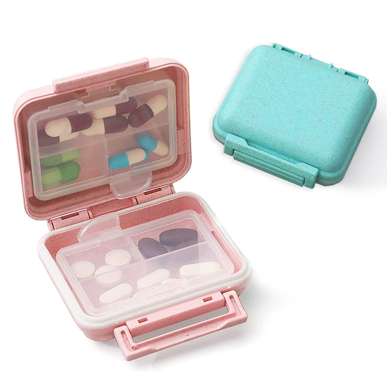 Travel Pill Organizer, 6 Compartments Portable Pill Case, 2 Pcs Medicine Vitamin Container for Vitamins, Cod Liver Oil, Supplements and Medication, Pink and Blue