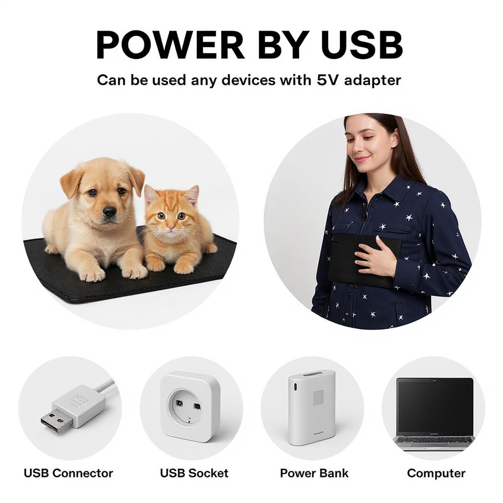 Coussin Chauffant Électrique en Fibre de Carbone, Tapis Chauffant USB, 4 Niveaux Température, Portable, Lavable Temporisé pour Vêtements, Siège, Animaux, Chiens, Chats, Épaules, Ventre (25 x 30 cm)