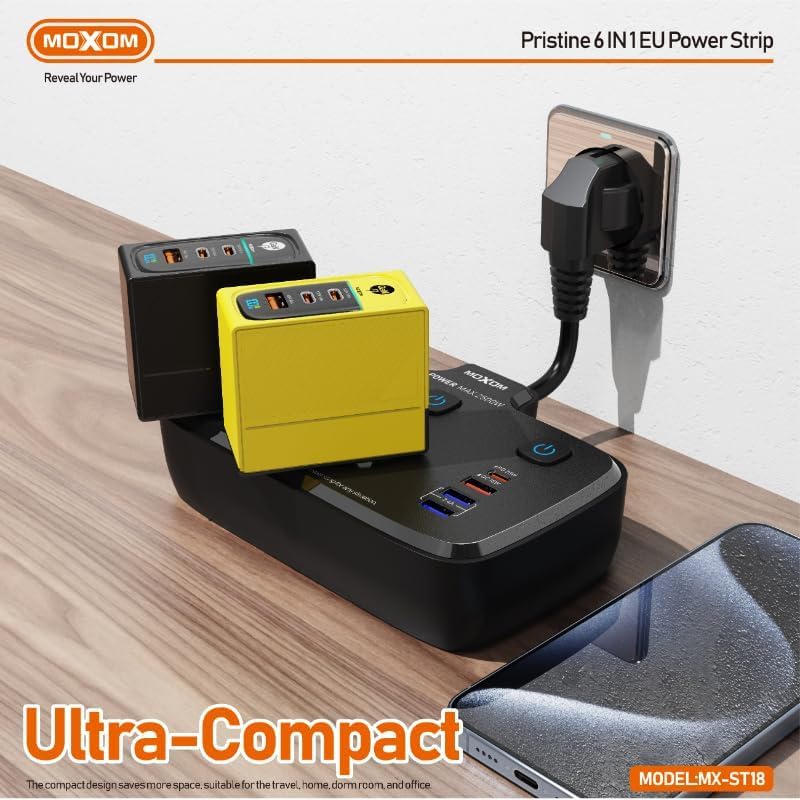 Moxom MX-ST18 Power Strip with multiple devices plugged in, highlighting its compact design