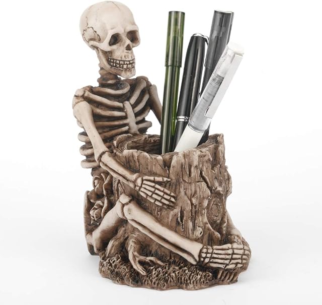 Arola Skull Pen Pencil Holder Skeleton Key Holder Makeup Brush Holder Home Office Desk Supplies Organizer Accessory