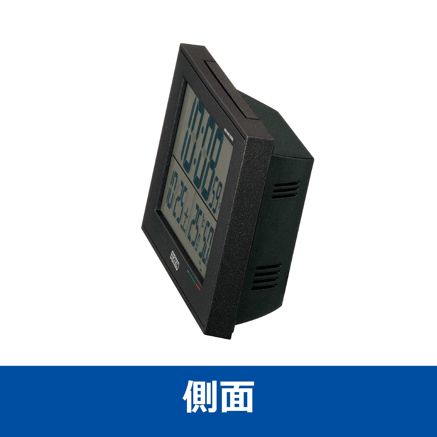 വശം view of the Seiko BC402K digital clock, showing its depth and sleek profile.