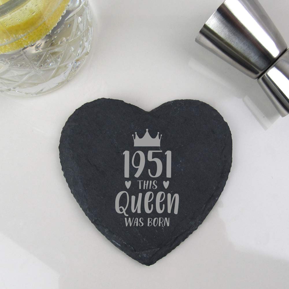 eBuyGB Drinks Mat, Placemat Engraved Heart Coaster-1951 This Queen was Born Design-70th Women, Her-Seventieth Birthday Gift for Mum, Slate