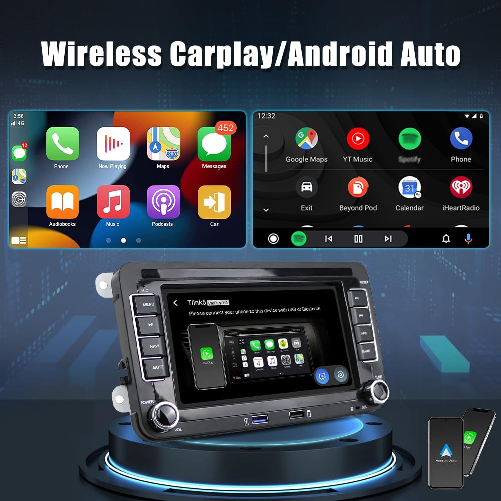 Hikity 2+32GB Android Radio de Coche Wireless Carplay para VW Golf Skoda Polo Passat Tiguan Touran Seat Pantalla Táctil 7 Pulgadas Radio con GPS, WiFi, Android Auto, Bluetooth, FM RDS, Cámara Trasera