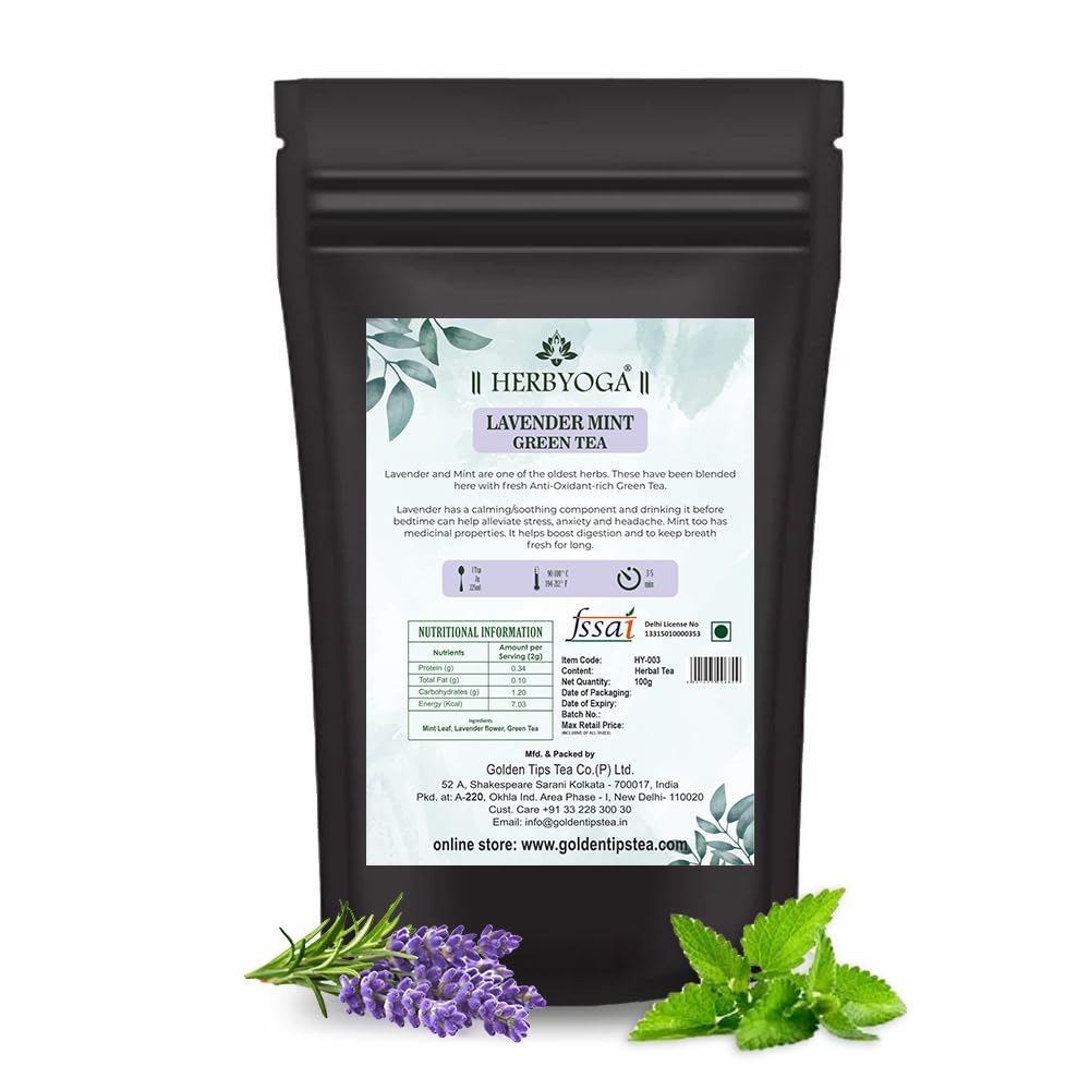 Golden Tips HERBYOGA Green Tea Lavendar and Mint Pouch (100 Gram, 50 cups) (B08VS3DFBP) Amazon Price History, Amazon Price Tracker