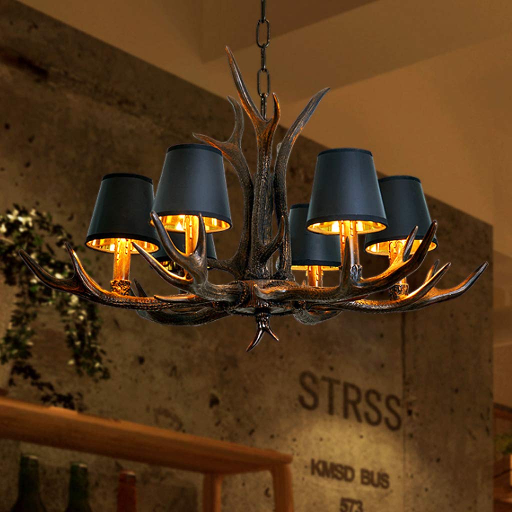 Vintage Pendelleuchte Geweih Retro Industriestil Hängelampe Harz Schwarzer Eisen Lampenschirm Pendellampe E14 Höhenverstellbarer Hängeleuchte Esszimmer Wohnzimmer Cafe Küche Bar Kronleuchter 6 heads