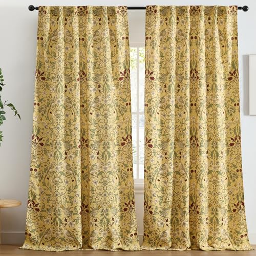HLC.ME Florence Mustard Yellow Floral Curtains - Whimsical Hummingbird Chinoiserie