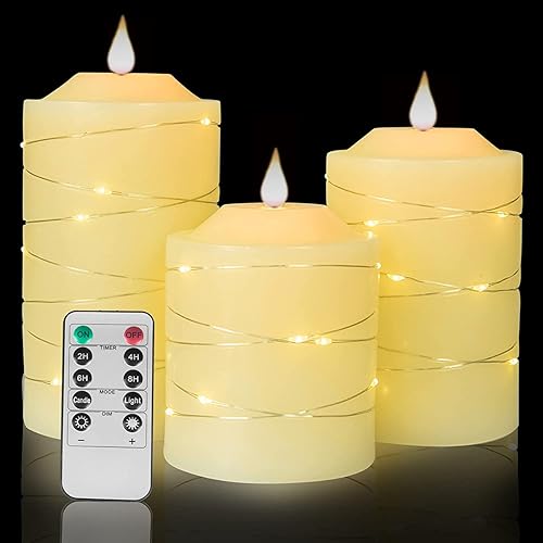 Velas LED sin llama con cadena de luces integradas, paquete de 3 velas eléctricas parpadeantes con control remoto de 10 teclas, para celebración de