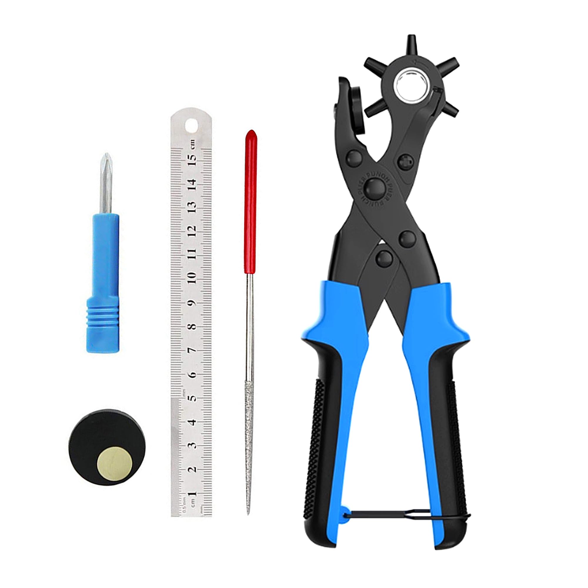Foyscr Heavy Duty Rotary Leather Punch Plier - Multi-Size Hole Puncher for Belts, Crafts, Cards & Rubber,(Blue)