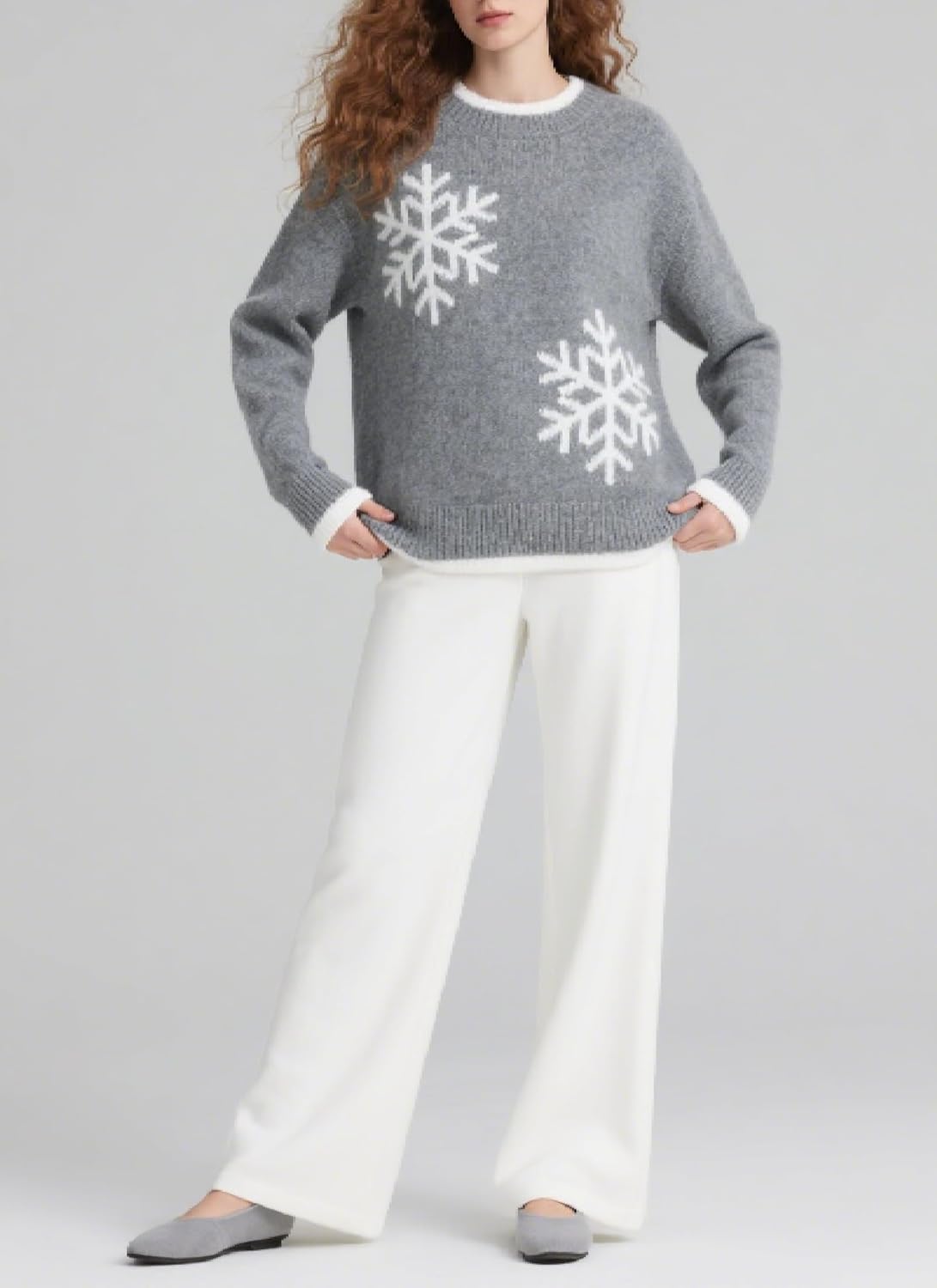 Sweaters for Women Snowflake Crewneck Long Sleeve Loose Fit Sweater Casual Color Block Knitted Pullover Tops - Image 3