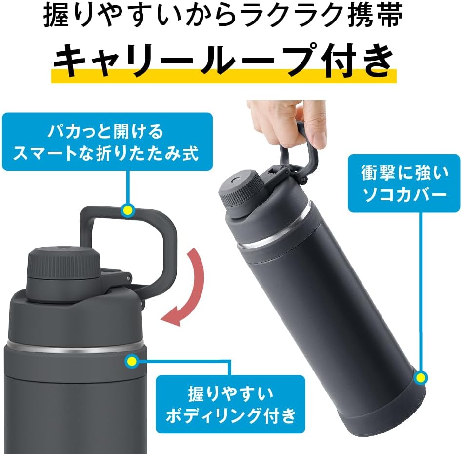 Thermos FJU-1501 MTBK Vacuum Insulated Sports Bottle, 4.9 gal (1.5 L), Matte Black, Portable Loop for Easy Carrying, Direct Drinking, Removable Mouth for Easy Cleaning, Cold Insulation Only