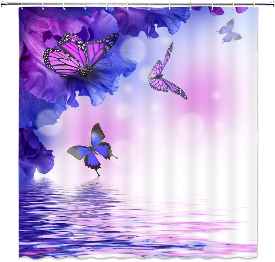 Butterfly Shower Curtain Fantasy Yellow and Green Flower Butterflies Wings Dream Water Ripple Floral Animal Lake Spa Spring Scenery Fabric Bathroom Decor Set with Hooks(84" Wx70 H)