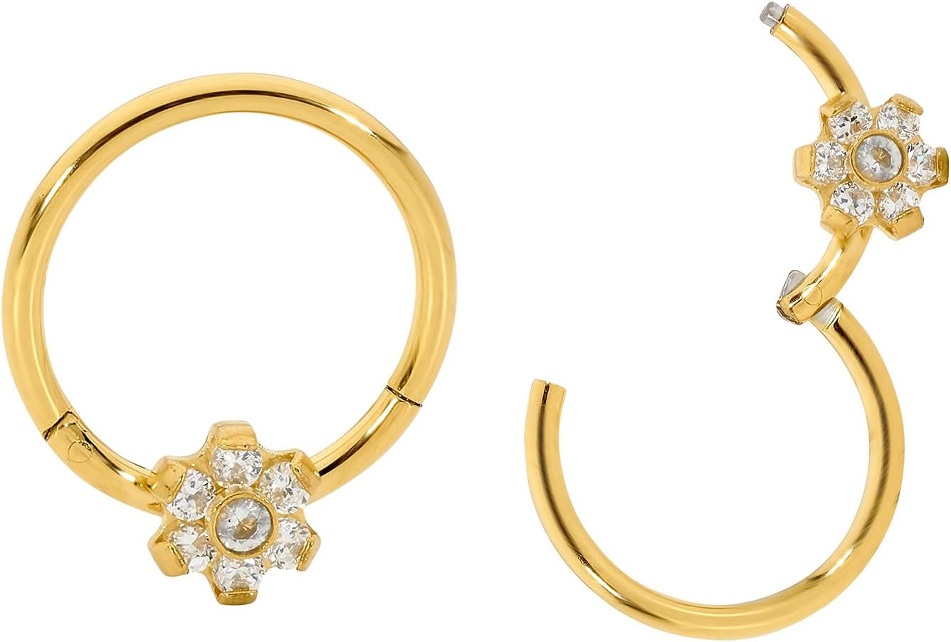 365 Sleepers 316L Surgical Steel Hypoallergenic 16G Flower Gem Septum Jewelry Hinged Segment Ring Body Piercing Hoop Lip Rings Helix Cartilage Rook Sleeper Earrings 8mm – 10mm