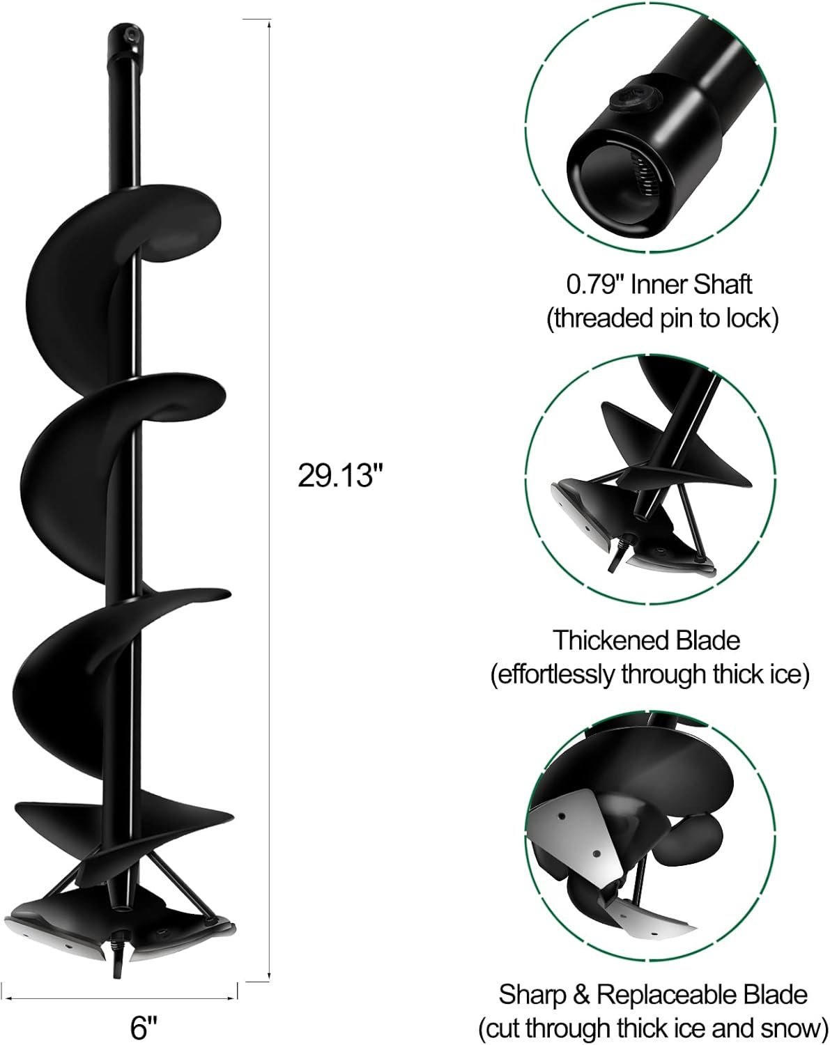 LONGRUN Ice Auger, Ice Augers for Ice Fishing, Power Auger Drill Bit for Ice Post Hole Digger with Interchangeable & Sharp Blade, Ice Auger Bit for Fishing, Burrowing, Drilling-6"x 29" : Sports & Outdoors