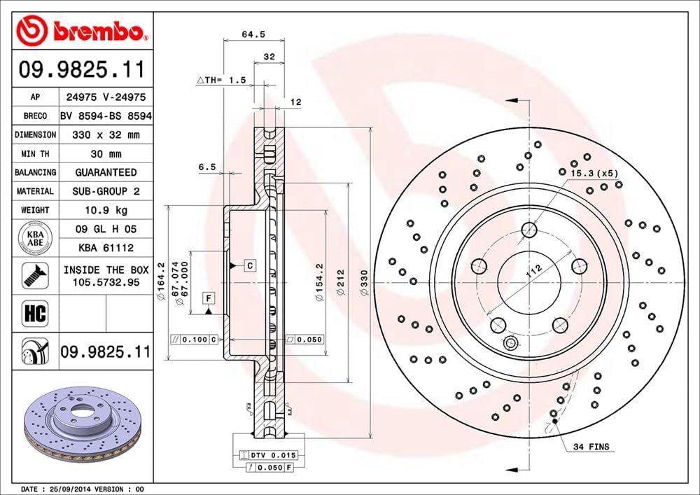 Brembo 09.9825.11 UV Coated vented drilled Front Brake Rotor MERCEDES-BENZ/MERCEDES-BENZ (BBDC) OE# A2304210812