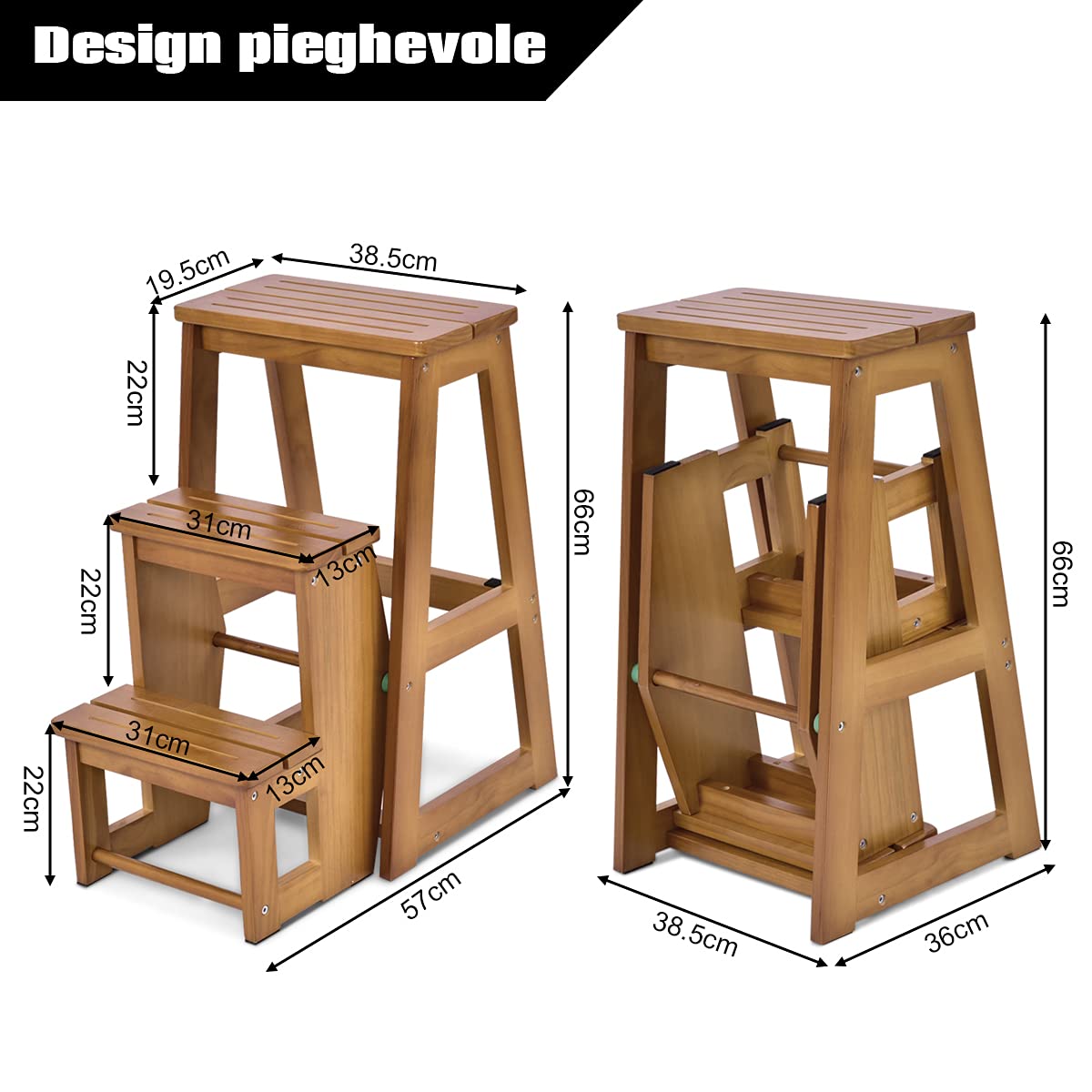 DREAMADE Sgabello Scaletta in Legno Sedia Scala Richiudibile a 3 Gradini per Casa Negozio (Marrone Chiaro)