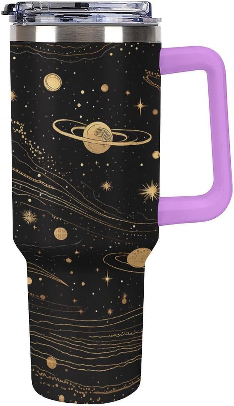 40 Oz Insulated Mug with Handle, Stainless Steel Gold And Silver Space Themed Printed Travel Mug Portable Leak-proof Large Car Mug for Home, Office Or Car
