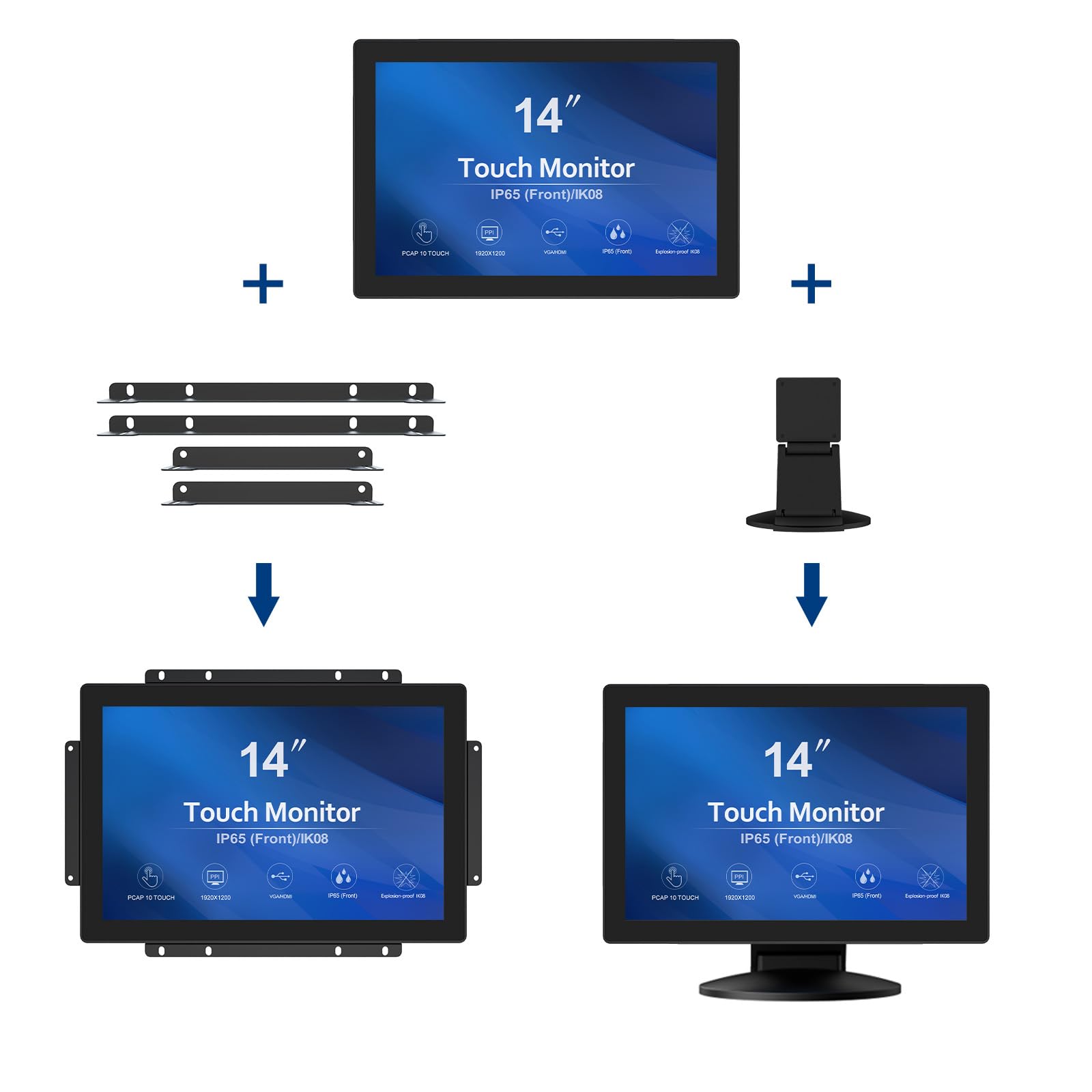 GreenTouch Monitor touch screen industriale da 14 pollici, 1920 x 1200 pixel, 10 punti PCAP Open Frame, HDMI, VGA, DVI, frontale IP65 IK08, nero