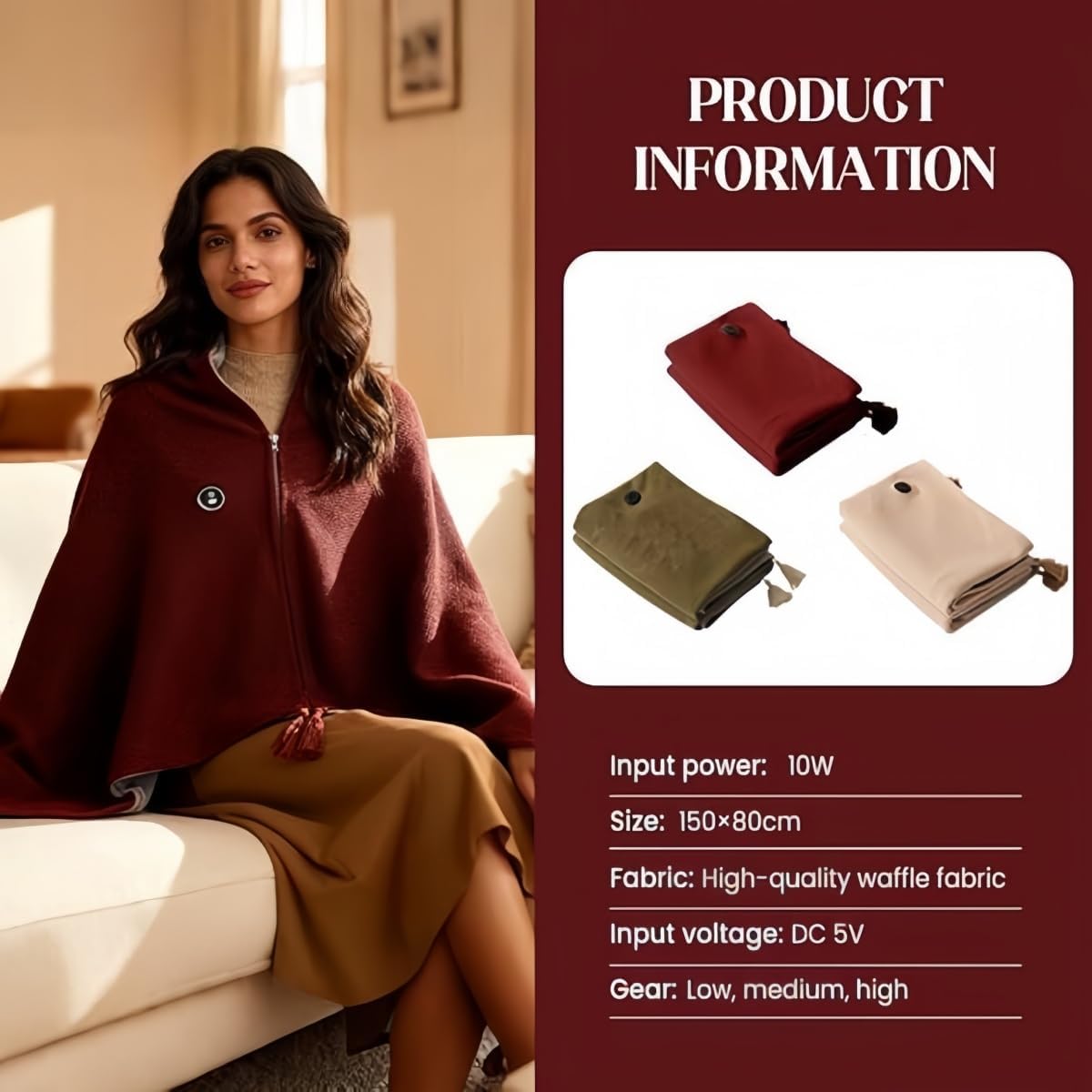 Portable Heated Shawl Heated Blanket Heated Shawl Wraps for Women Portable Soft Zipper Electric Heated Blanket Shawl USB Heated Blanket 3 Heating Levels Christmas Gifts for Women (C（no Power Bank）)