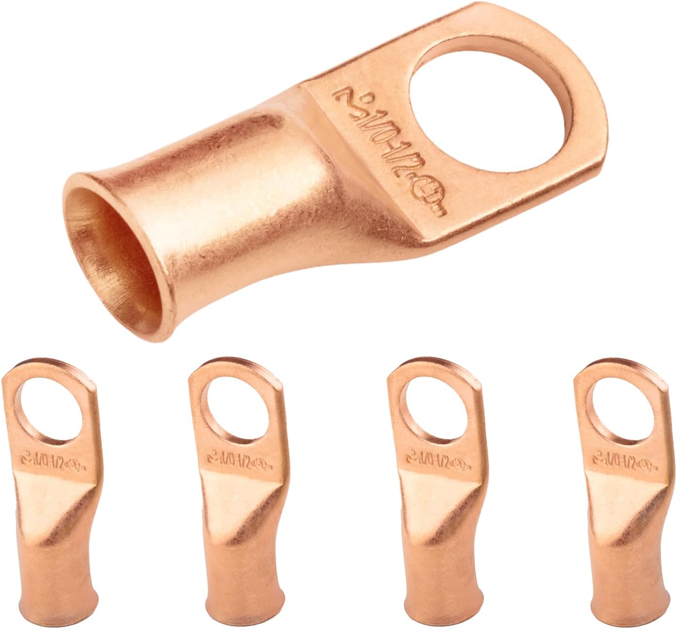 SELTERM 5pcs 1/0 AWG 1/2" Stud Copper Wire Lugs, Ring Terminals, Battery Cable Ends, 0 Gauge Ring Terminal Connectors, UL Heavy Duty Bare Copper Eyelets Battery Terminal Connectors