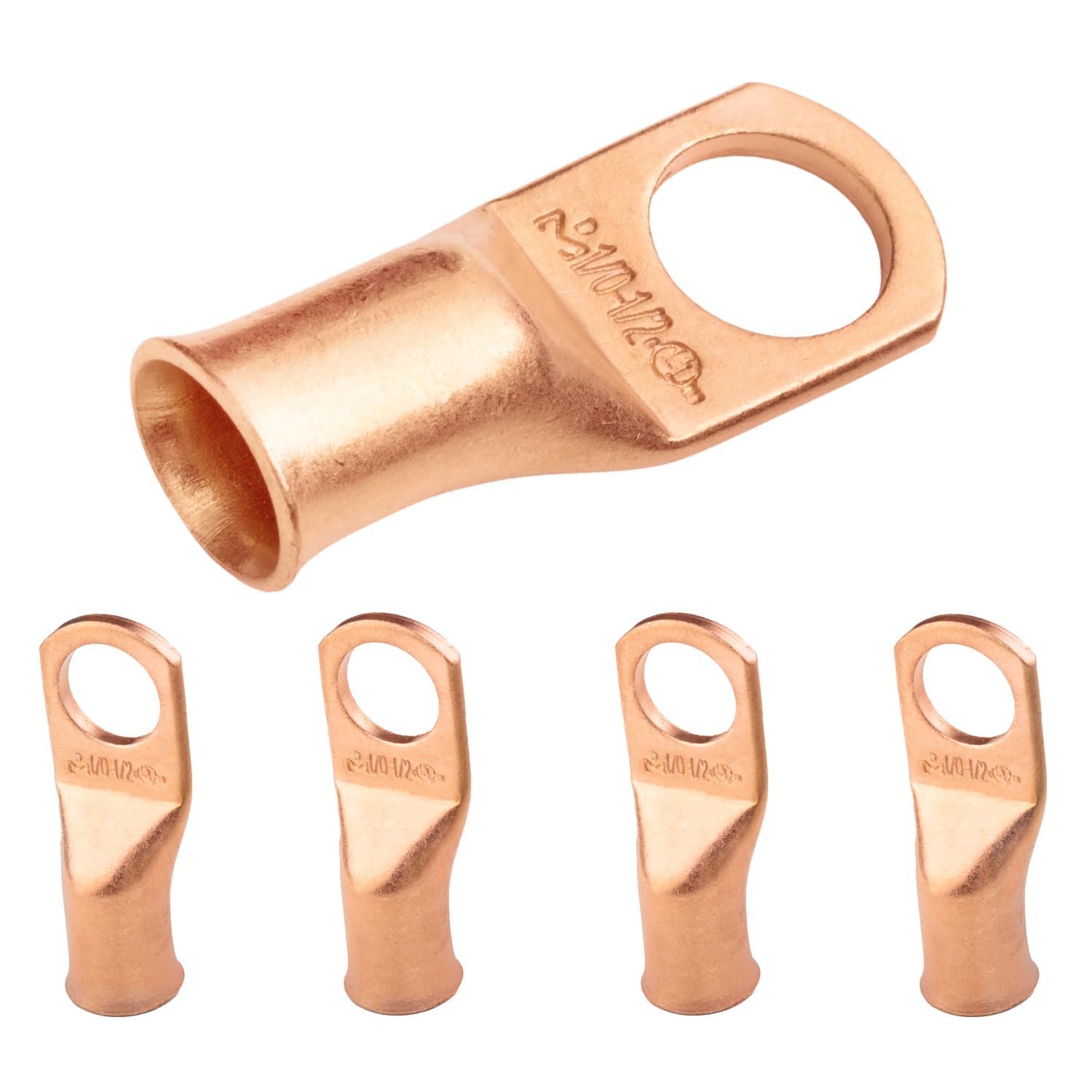 SELTERM 5pcs 1/0 AWG 1/2" Stud Copper Wire Lugs, Ring Terminals, Battery Cable Ends, 0 Gauge Ring Terminal Connectors, UL Heavy Duty Bare Copper Eyelets Battery Terminal Connectors