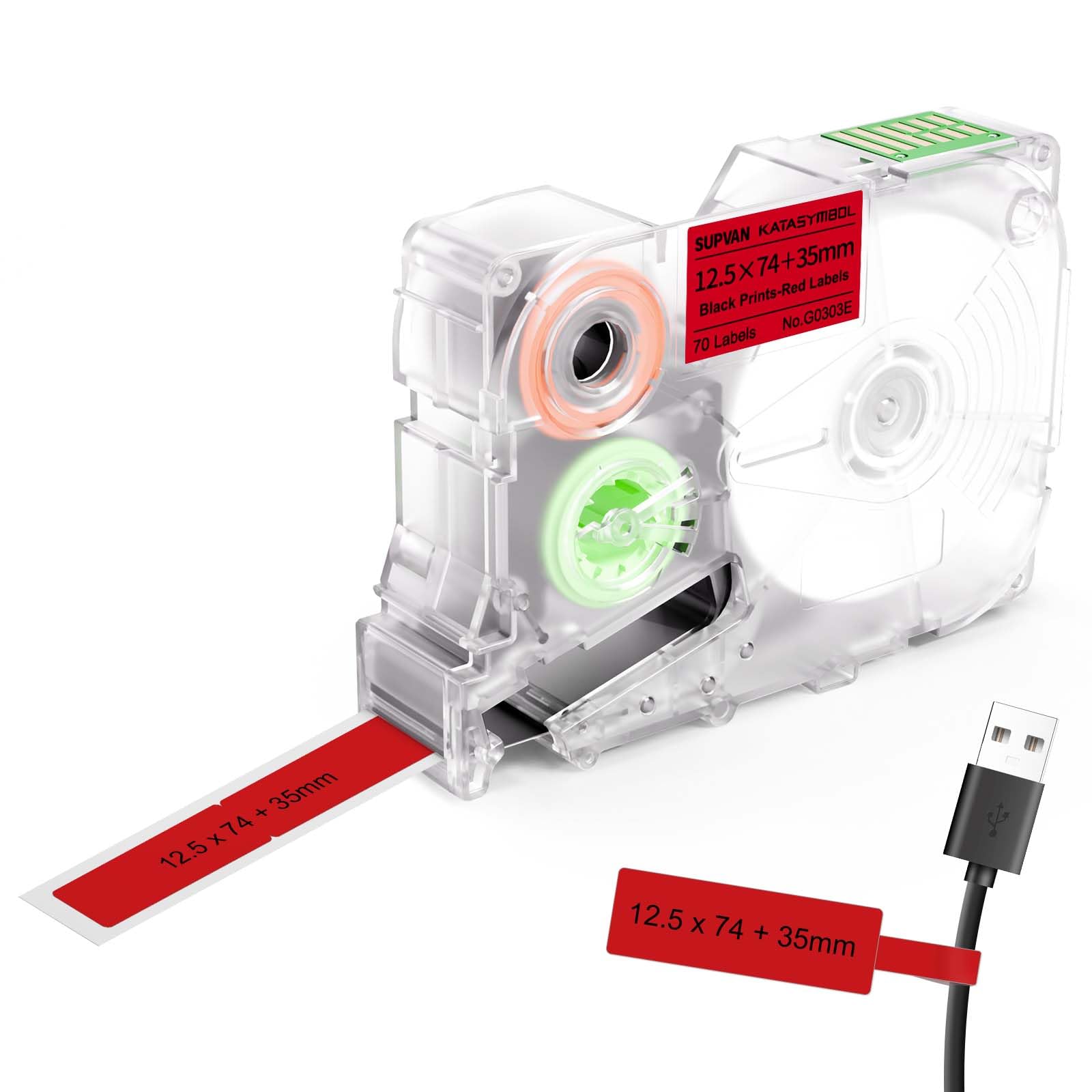 SUPVAN KATASYMBOL G15M Ruban Étiquettes Thermiques Autocollantes Noir sur Rouge 1|5 mm x (74 mm + 35 mm) 70 Pièces/Roule