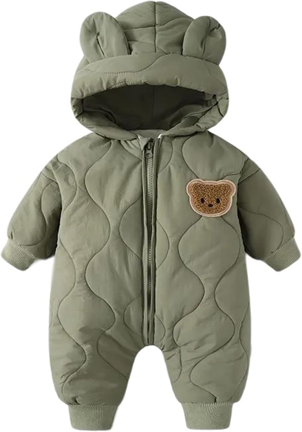Unisex Infant Snowsuit With Plush Lining Lovely Bear Patterned Jumpsuit Baby Romper Solid For Newborns Toddler