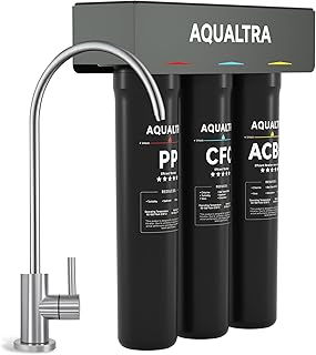 AQUALTRA USF-3F-15 Alkalisches Untertisch-Filtersystem mit Wasserhahn, 30000–151000L, reduziert PFOA, PFOS, Chlor, Blei, Quecksilber, Chloramin, Fluorid, Mikroplastik, Geschmack & Geruch