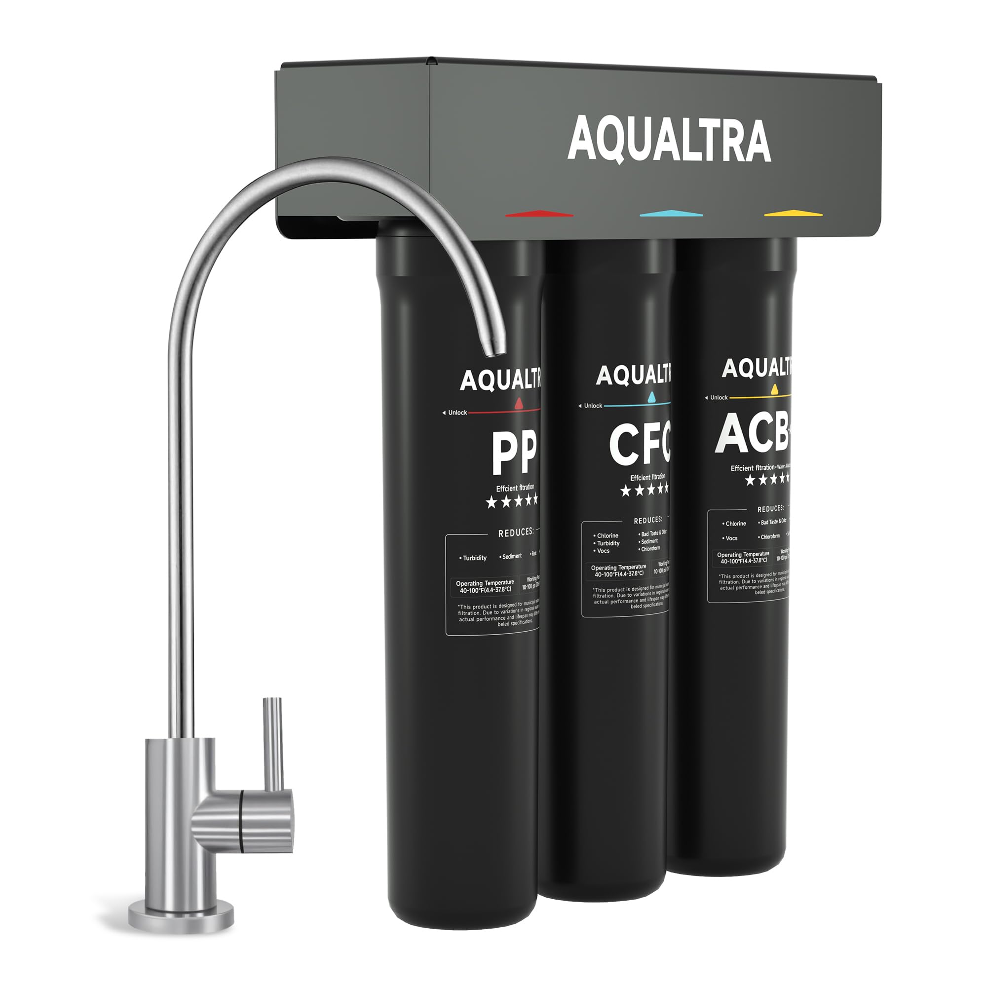 AQUALTRA USF-3B-15 Sistema bajo fregadero ligeramente alcalino con grifo, 30000–151000L, reduce PFOA, PFOS, cloro, plomo, mercurio, cloramina, fluoruro, microplásticos, mal sabor y olor