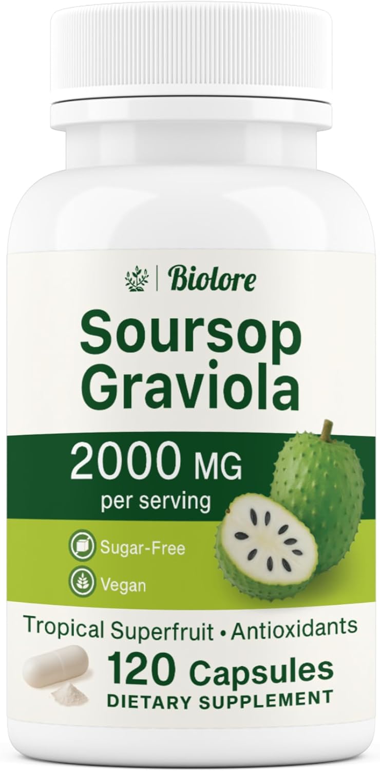 Biolore Pure Soursop Graviola Capsules - 120 Count Vegan Soursop Capsules - Gluten Free Leaf Extract for Overall Wellness and Body Support with Antioxidants
