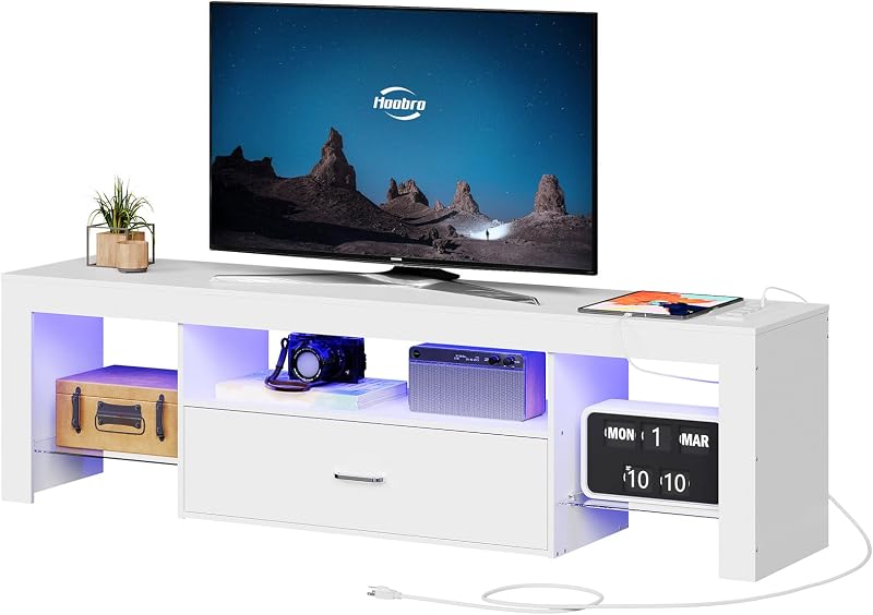HOOBRO LED TV Stand with Power Outlets to 65 inch TV, Gaming Entertainment Center with Glass Shelves and Large Drawer, Modern Media TV Console Table for Living Room Bedroom, White WT14UDDS01