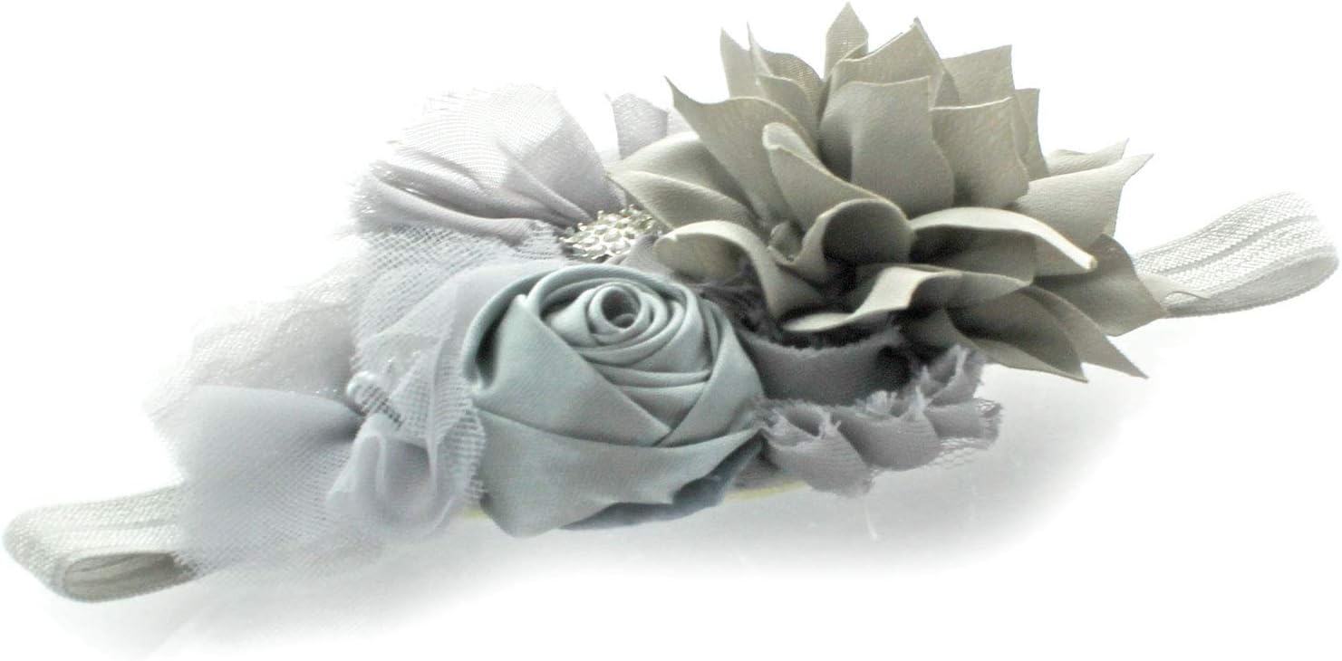 My Lello Headband Shabby Fabric Flower Cluster Baby - Infant - Toddler - Girl Stretchy Elastic Gray