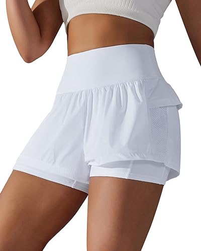 Iserkafe Pantalones cortos deportivos para mujer, pantalones cortos para correr, gimnasio, yoga, cintura alta, cintura elástica, pantalones cortos