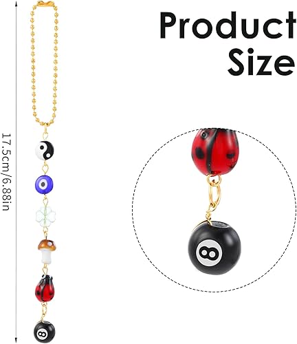 Miniatura 3 de Adorno colgante de auto de mal de ojo, trébol de cuatro hojas, mariquita, 8 bolas, símbolo Yin Yang, dije de hongo de mal de ojo para autos,