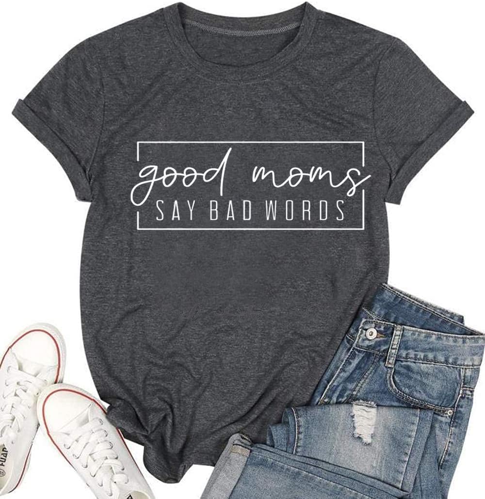 SECETKETGood Mom Say Bad Words T Shirt Mom Shirts Short Sleeve Women Funny Letter Print Tee Casual Round Neck Tee Shirt, Grey, M