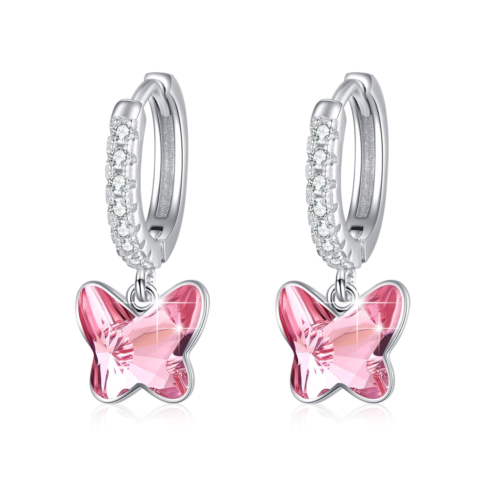 REDSUN S925 Sterling Silber Schmetterling Creolen Ohrringe Mädchen Kinder, Blau/Pink/Lila Kristall/Opal Tropfen Ohrhänger mit Zirkonia Schmetterling Schmuck für Damen Kinder Weihnachts