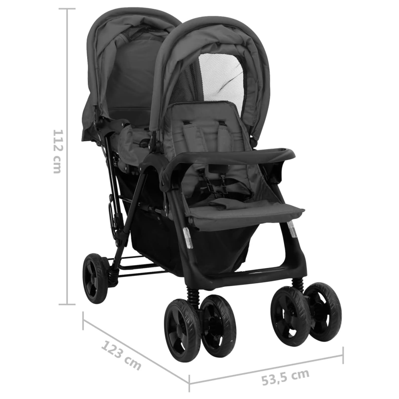 Tidyard Geschwisterwagen mit verstellbare Dach & Ablagekorb Zusammenklappbar Kinderwagen Dunkelgrau Stahl
