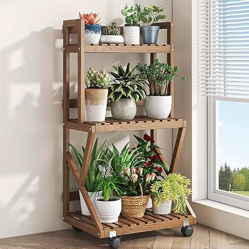 ATRBNCX 3 Tier Ladder Plant Stand With Wheels, Wooden Slatted Flower Display Rack, Portable Rolling Storage Shelving For Terrace, Lawn & Home Decor(Size:50cm/20in,Color:Brown)