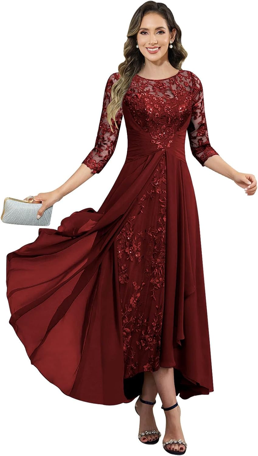 Tea Length Chiffon Mother of The Bride Dresses Lace Appliques A Line Ruffle Wedding Guest Dress with Sleeves - Image 4