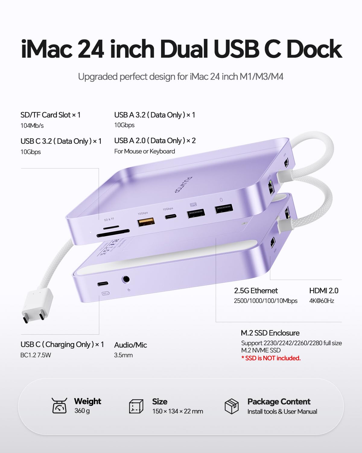 Hub USB-C per iMac 24" M1/M3/M4 con box esterno per SSD M.2 NVMe da 4 TB | PULWTOP hub USB C per iMac da 24" 2021-2024 con HDMI 4K a 60 Hz, 2,5 GbE, USB A/C 3.2 10 Gbit/s, SD/TF, audio - Viola