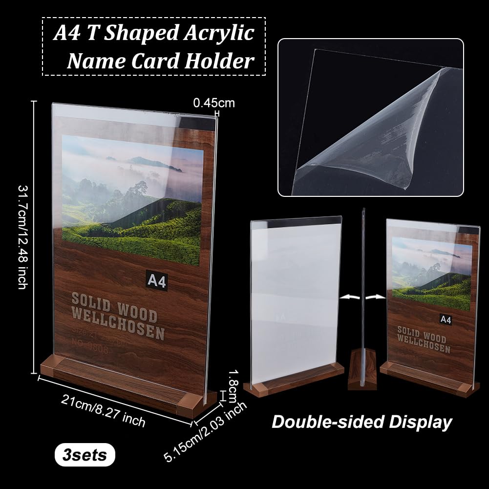 OLYCRAFT Juego de 3 soportes acrílicos A4 para letreros de mesa, 21 x 5,1 cm, base de madera, soporte de menú, soporte de doble cara, soporte de acrílico en forma de T en ambos lados para restaurantes