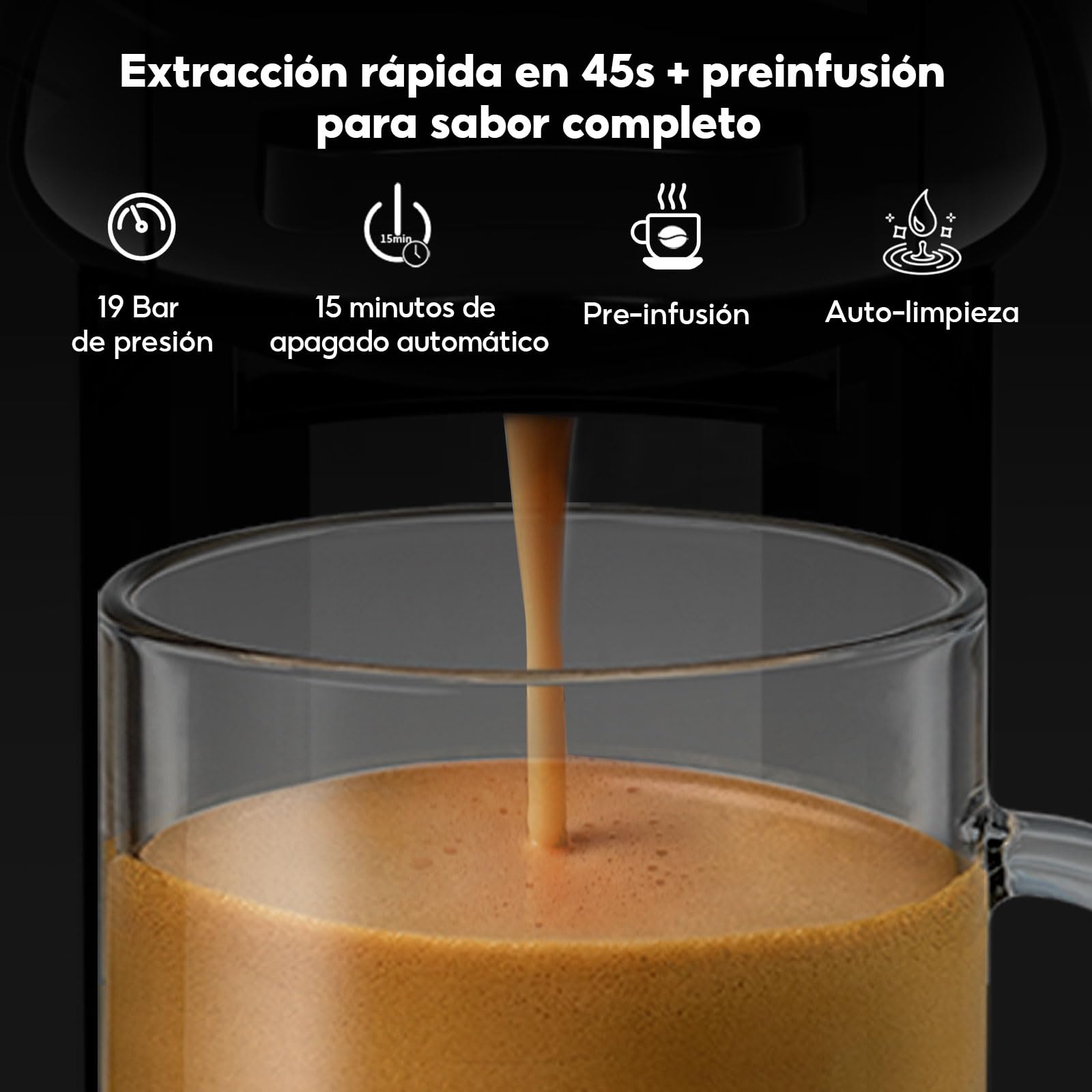 CAFELFFE MK-606 Máquina de espresso 5 en 1 de cápsula, 19 bares, compatible con K-Cup/Nes Original/DG/44 mm ESE y molido, 7 niveles de agua, para el hogar/la oficina, negro