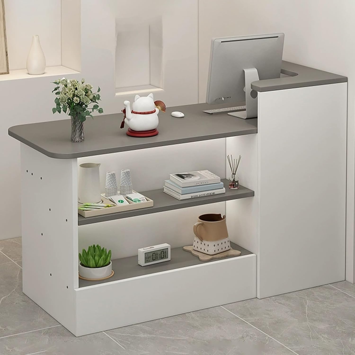 JKGHK Reception Desk, Front Counter Desk with with Double Open Storage, Counter Table with Lockable Drawer, Desk Reception for Salon Reception Room Checkout Office(White,39.3in/100cm)