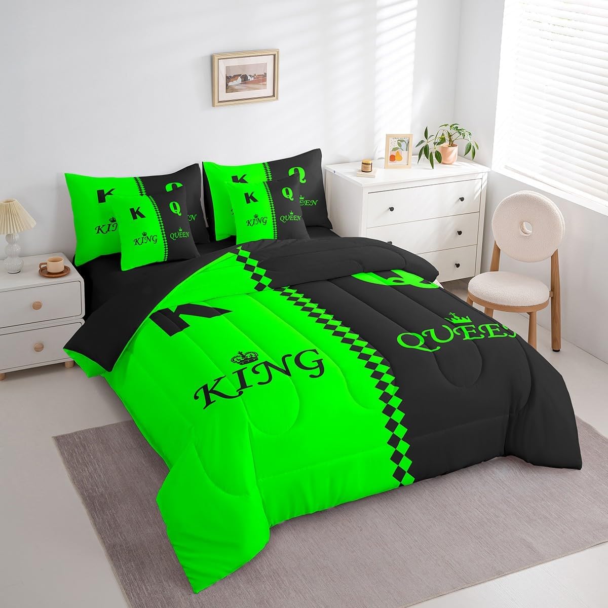 Feelyou Valentine Day Queen King 7 Piece Bedding Set Queen Size Black Green Comforter Set with Sheets for Adult Lovers Couple Romantic Bed in a Bag Simple Fashion Bed Set
