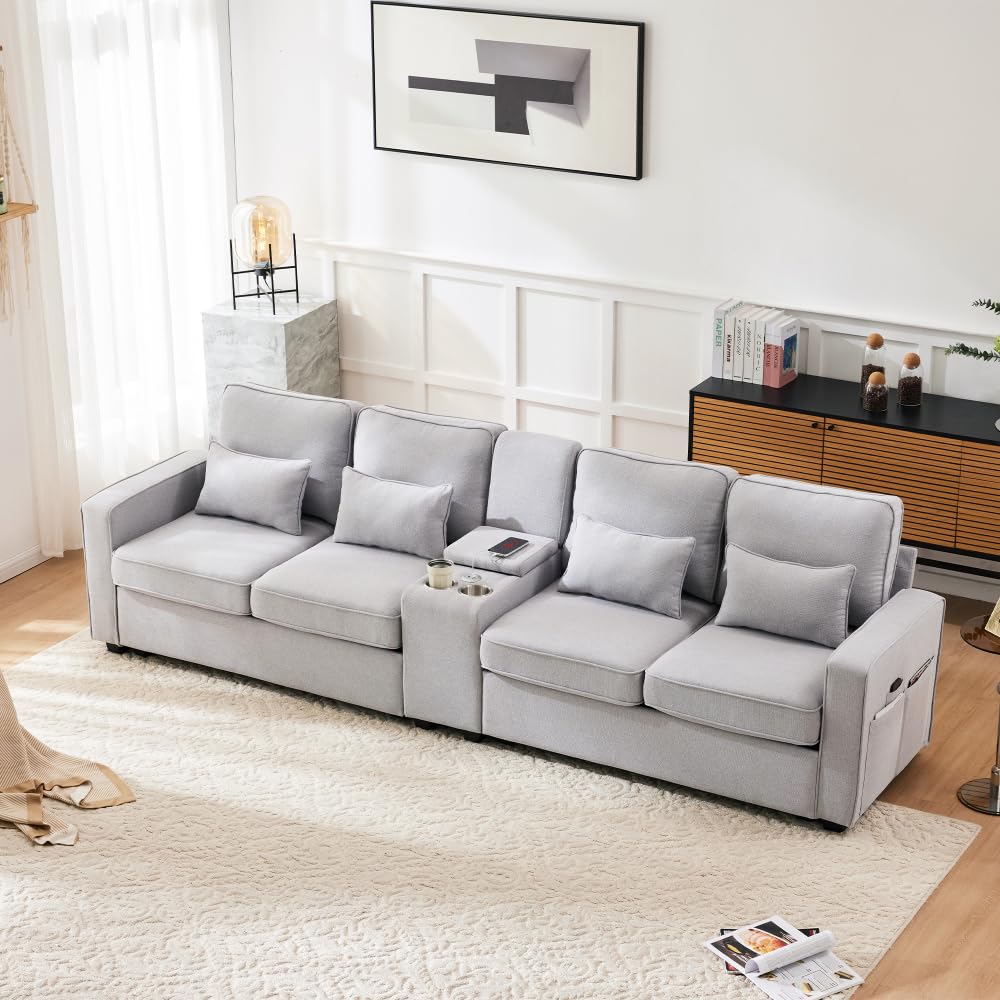 Sofá moderno de 4 plazas con bolsillos para reposabrazos y 4 cojines, con consola, 2 portavasos y 2 tomas USB, en lino, adecuado para muchas ocasiones (Gris+USB)