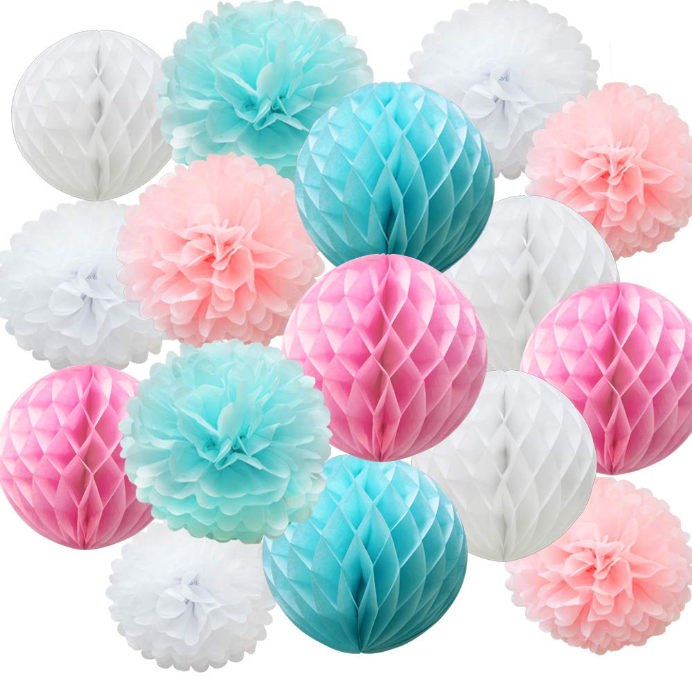 Time To Sparkle Balls-Pink Blue Shade 16 Pack Mix Tissue Paper Pompoms Honeycomb Balls Pom Poms Table Garland Wedding Party Decoration (Balls-Pink Blue Shade)